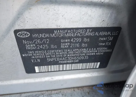 2013 Hyundai Sonata Gls z USA, uszkodzony, nr VIN 5NPEB4AC3DH650935